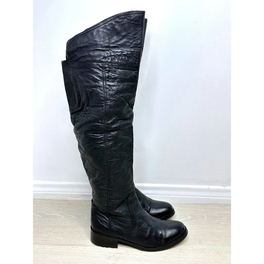 Report Over The Knee Boots Women 8 Black Pebble Leather Flat Zipper Moto Goth